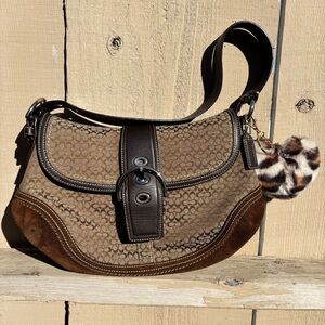 Coach Brown and Tan Signature Shoulder Bag with Fur Charm
